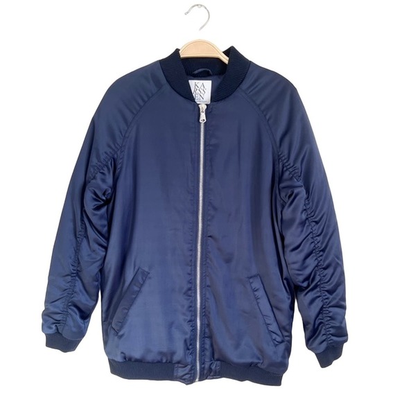 Zoe Karssen Navy Long Satin Bomber Jacket Big in Japan Size XS NWT $325 - Picture 5 of 14